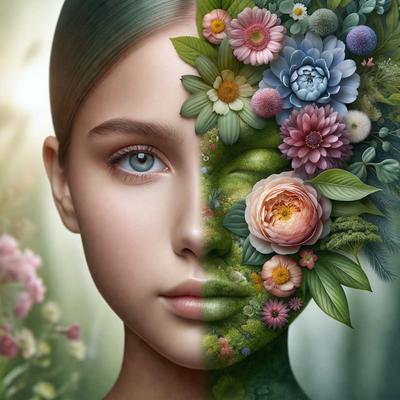 The primary subject of the image is a woman with a flower in her hair. She is depicted in two different ways: one half of her face is shown as a flower, while the other half is shown as a human face. The setting is a garden, with a variety of flowers surrounding the woman. The visual style is a combination of digital art and illustration, creating a vibrant and colorful scene. The dominant colors are pink, purple, and green, giving the image a lively and cheerful atmosphere.